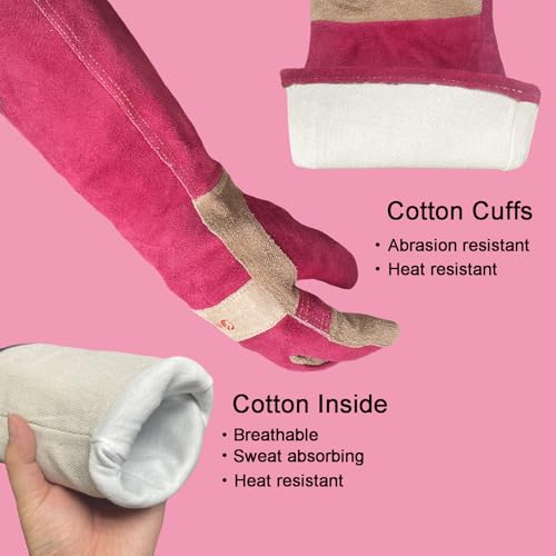AOUCHI Long Gardening Gloves for Women, Leather Rose Pruning Gloves, Heat Resistant Durable Work Gloves for Yard Work, Welding, BBQ, Cooking, Fireplace and Chainsaw (Pink, Small) - Image 2