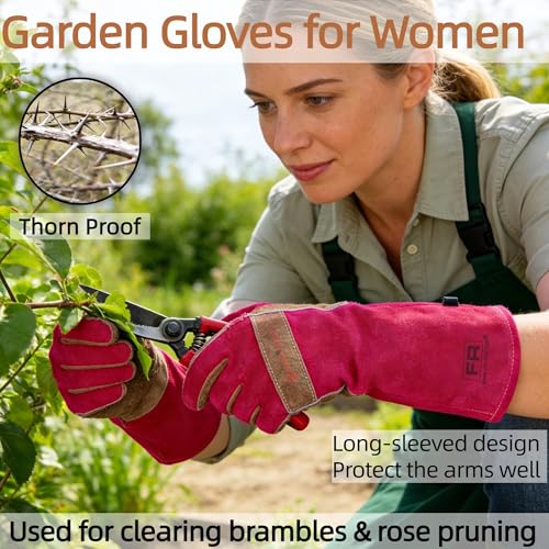 AOUCHI Long Gardening Gloves for Women, Leather Rose Pruning Gloves, Heat Resistant Durable Work Gloves for Yard Work, Welding, BBQ, Cooking, Fireplace and Chainsaw (Pink, Small) - Image 5