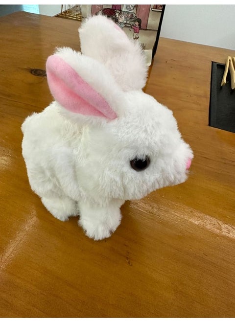 Plush Electric White Rabbit Simulation Pet Will Walk, Call, Move Mouth, Shake Ears, Long-haired Rabbit Pet Toy-Color:White Rabbit-Specification:2 Aa Battery Models