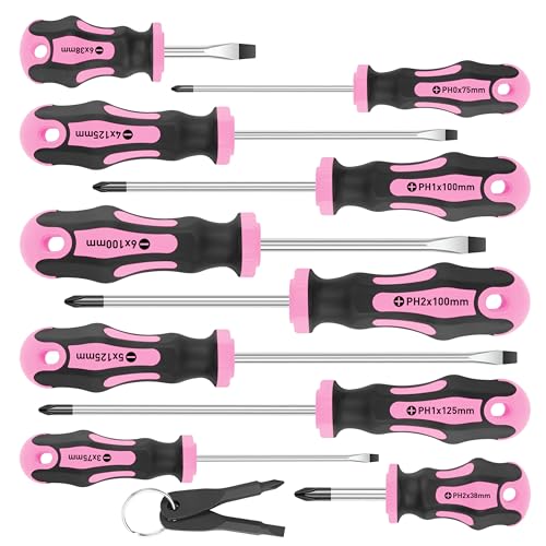 Amartisan 10-Piece Magnetic Screwdrivers Set, 5 Phillips and 5 Slotted Tips Professional Cushion Grip Screwdriver Set 2pcs Portable Multifunction Key Mini Screwdriver (Pink) - Image 1