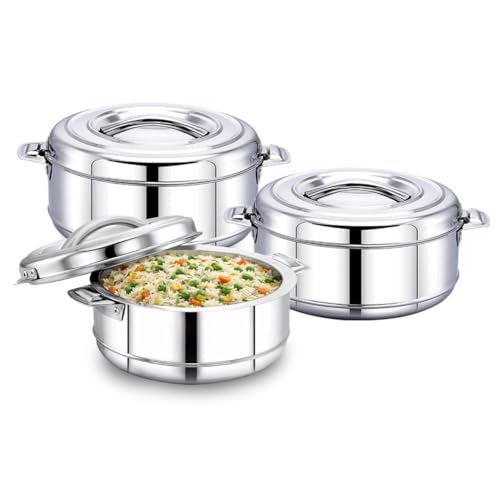 AVIAS Astra Stainless Steel Casserole, Set Includes 1000ml 1500ml 2500ml, Double Wall Insulated Hot Pot, Casserole Set for Rice, Gravy, Poha, Curry, Hot Boxes for Kitchen, Hot Case Set of 3 - Image 1
