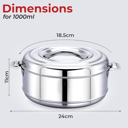 AVIAS Astra Stainless Steel Casserole, Set Includes 1000ml 1500ml 2500ml, Double Wall Insulated Hot Pot, Casserole Set for Rice, Gravy, Poha, Curry, Hot Boxes for Kitchen, Hot Case Set of 3 - Image 3