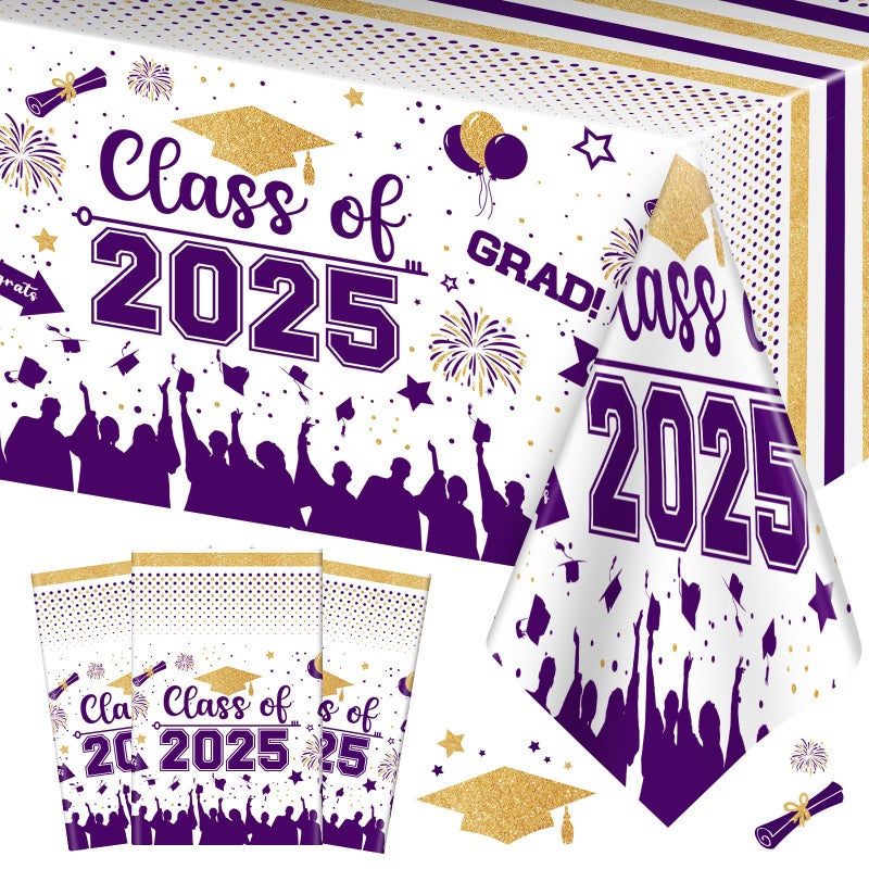 Graduation Decorations Class of 2025 Tablecloth  3 Pcs Plastic Congrats Grad Table Cloth Graduation Table Cover for Graduation Party Decorations 2025 and Party Supplies 54x108 Purple and Gold