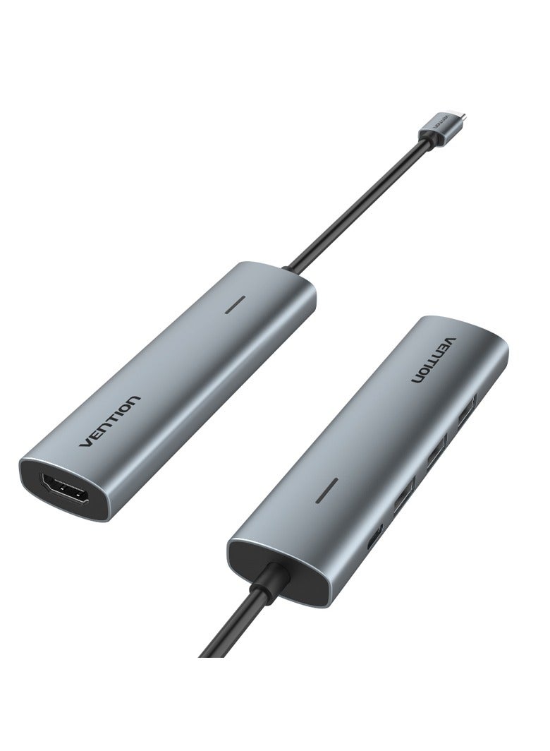 Vention 8-in-1 USB-C Docking Station 0.15M Grey 4K@60Hz HDMI, USB 3.2 Gen1 type C/USB 3.0/USB 2.0/RJ45/SD/TF/PD100W ,OTG support, Alluminium Alloy for MacBook Pro/Air, iPad Pro, iPhone 15/16, Dell, HP