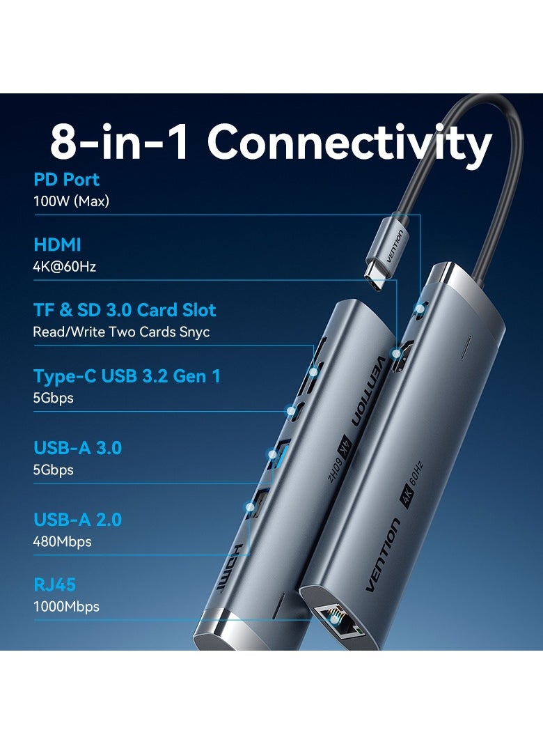 VENTION Vention 8in1 USB-C Docking Station,100W PD,4K  HDMI/USB 3.2 Gen 1 Type-C/USB 3.0/USB 2.0/RJ45/SD/TF  0.15M Gray Aluminum Alloy Type  - Image 2