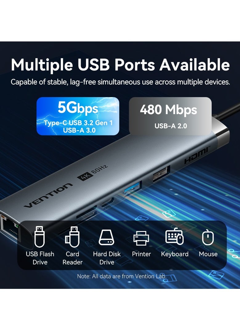 VENTION Vention 8in1 USB-C Docking Station,100W PD,4K  HDMI/USB 3.2 Gen 1 Type-C/USB 3.0/USB 2.0/RJ45/SD/TF  0.15M Gray Aluminum Alloy Type  - Image 3