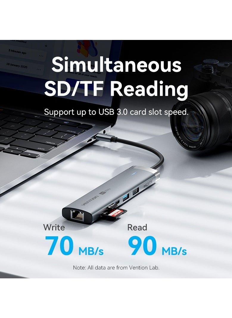 VENTION Vention 8in1 USB-C Docking Station,100W PD,4K  HDMI/USB 3.2 Gen 1 Type-C/USB 3.0/USB 2.0/RJ45/SD/TF  0.15M Gray Aluminum Alloy Type  - Image 4