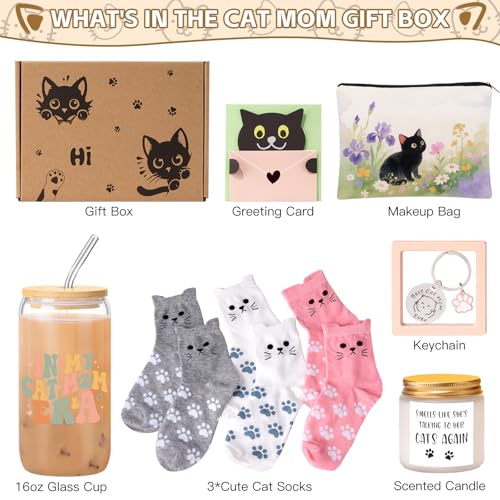 Giftissimo Cat Lover Gifts for Women, Cat Gifts for Women, Cat‘s Themed Gift for Christmas Mothers Day Birthdays, Funny Gift for Cats Lovers for Crazy Cats Lady Mom Daughters with Glass Cup Scented Candle Socks - Image 2