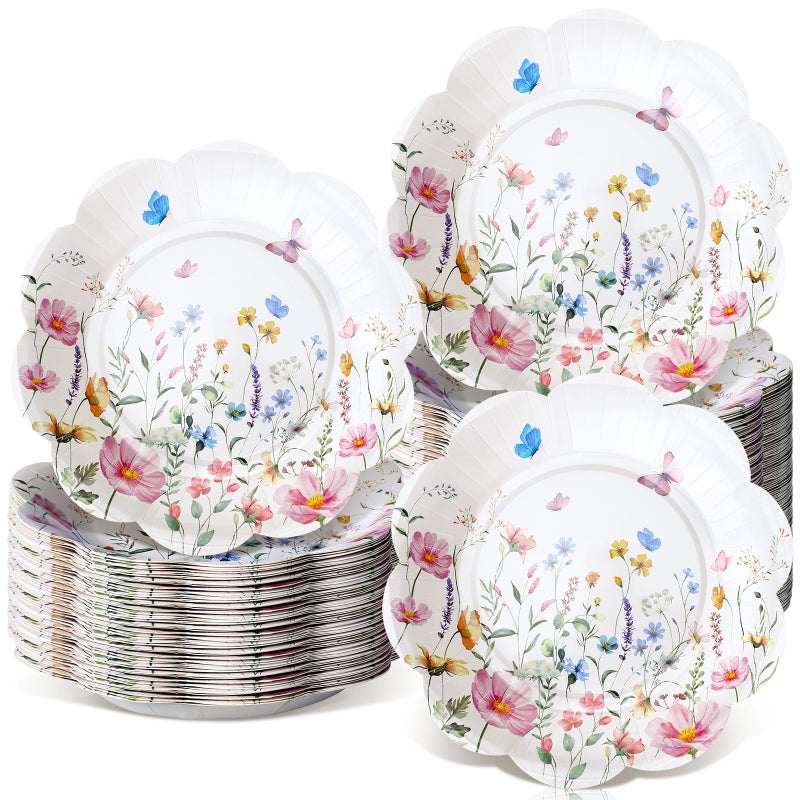 Suttmin 100 Pcs Wildflower Paper Plates Disposable Dessert Baby Bridal Shower Party Supplies Floral Dessert Plates Bulk Birthday Tea Party Serving Tray for Wedding Birthday - Image 1