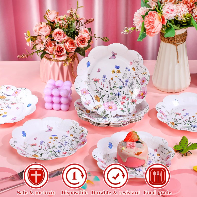 Suttmin 100 Pcs Wildflower Paper Plates Disposable Dessert Baby Bridal Shower Party Supplies Floral Dessert Plates Bulk Birthday Tea Party Serving Tray for Wedding Birthday - Image 3