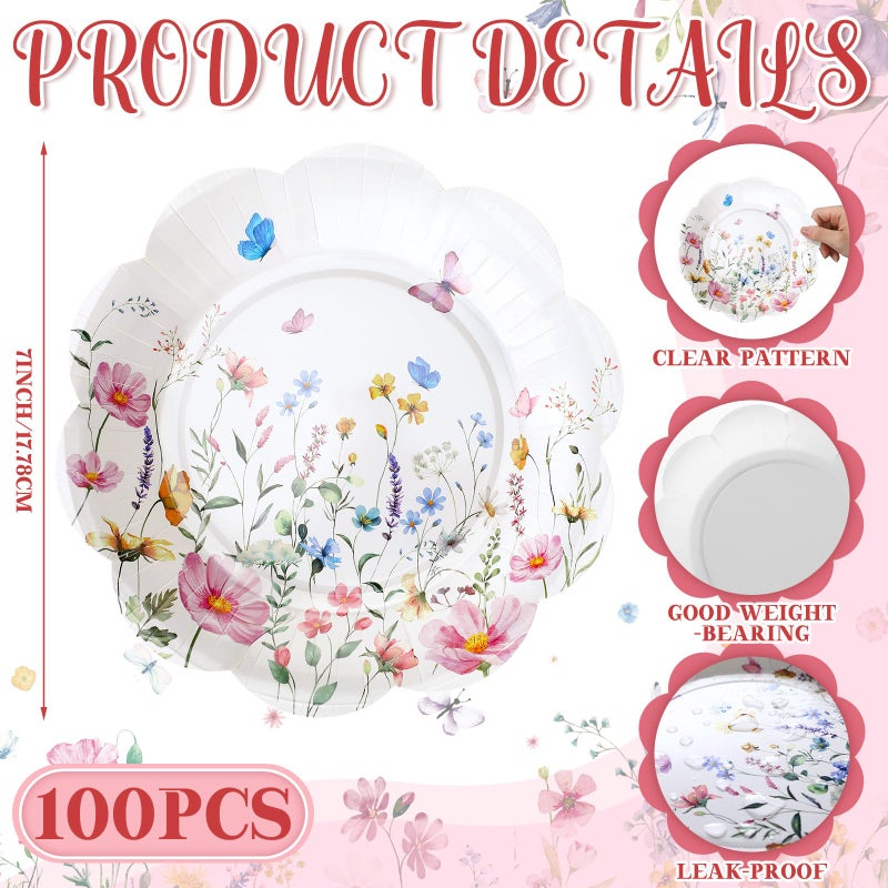 Suttmin 100 Pcs Wildflower Paper Plates Disposable Dessert Baby Bridal Shower Party Supplies Floral Dessert Plates Bulk Birthday Tea Party Serving Tray for Wedding Birthday - Image 2
