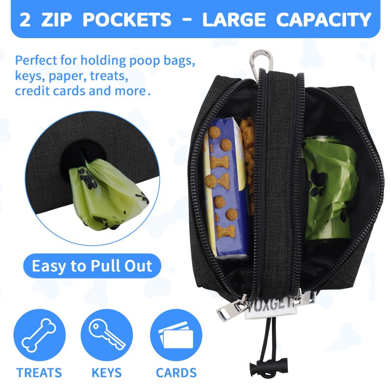 VOXGET Dog Poop Bag Holder for Leashes, Puppy Treat Pouch Carrier with 2 Zipper Pockets and Clip for Pets Doggy Training, Dog Waste Bag Dispenser with 1 Roll Poop Bags for Walking Accessories (Black) - Image 4