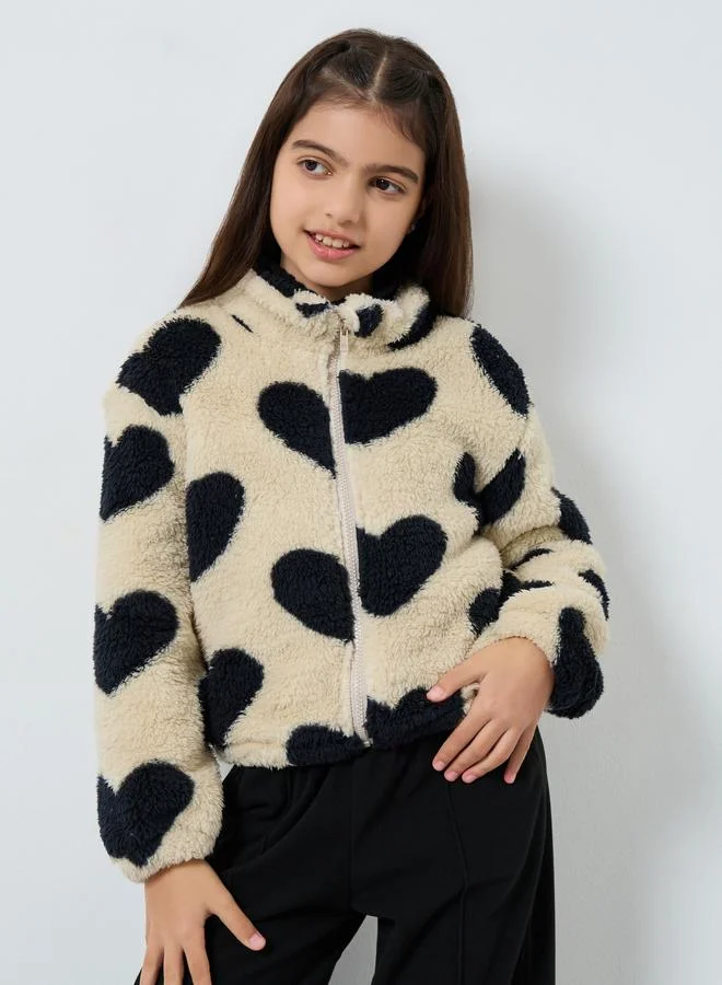 Styli Teens Heart Print Fleece Jacket