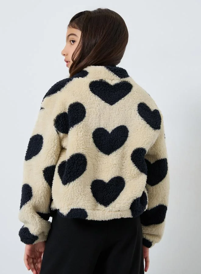 Styli Teens Heart Print Fleece Jacket
