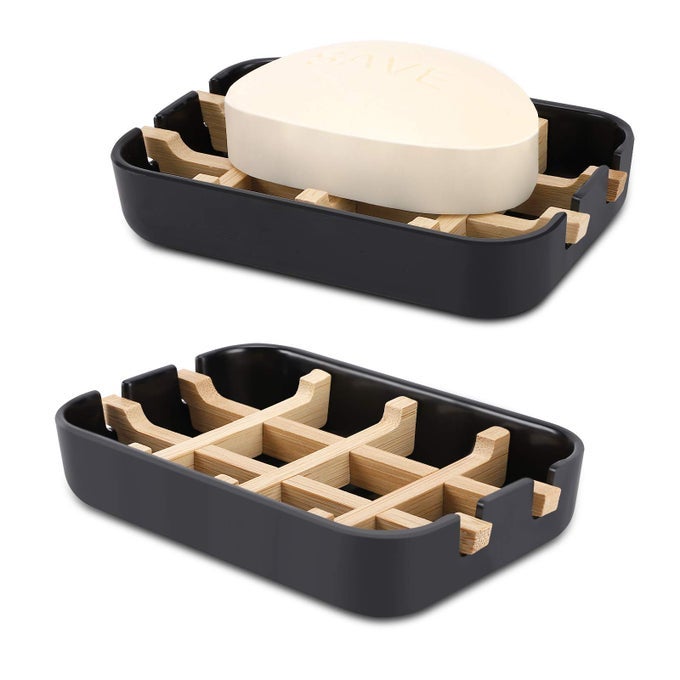 BAMBOO WOODEN SOAP DISHES FOR BATHROOM BAR SOAP HOLDER SINK DECK BATHTUB SHOWER TRAY ONE PIECES BLACK