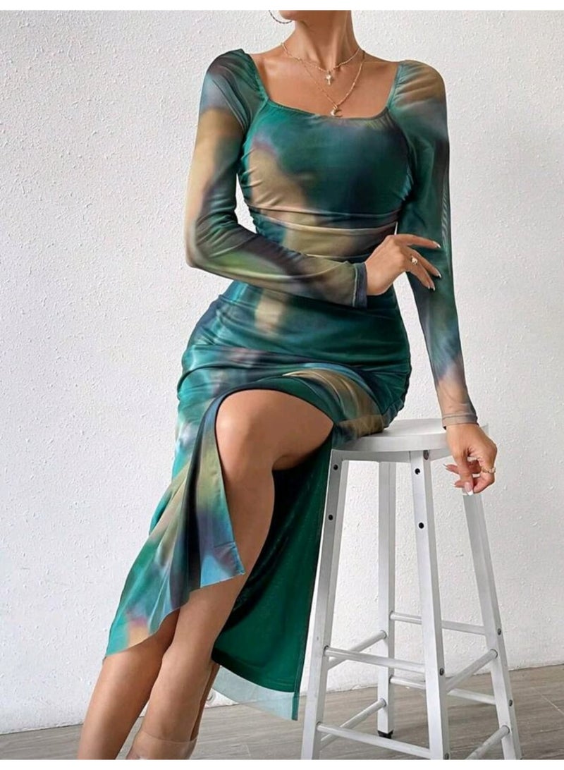 SHEIN Tie Dye Off Shoulder Ruched Split Thigh Dress Maxi Women Outfit Fall Cloth For Women - Image 3
