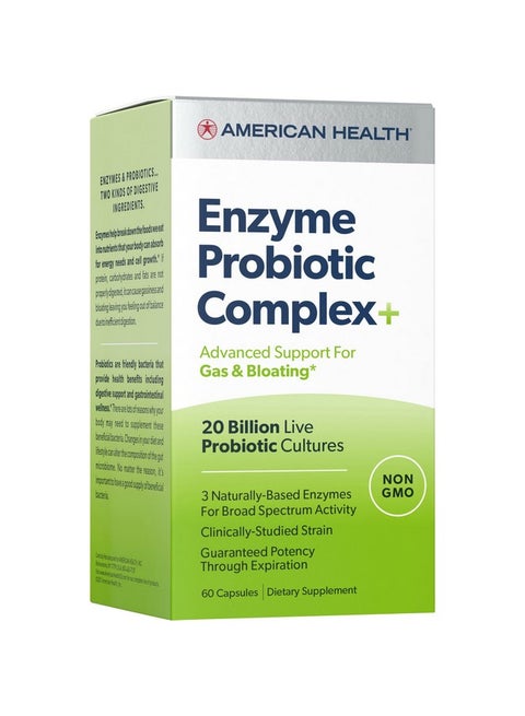 AMERICAN HEALTH Enzyme Probiotic Complex Plus, 20 Billion Microorganisms - Clinically Studied Strain - Advanced Support for Gas & Bloating* - Non-GMO - 60 Capsules, 60 Total Servings