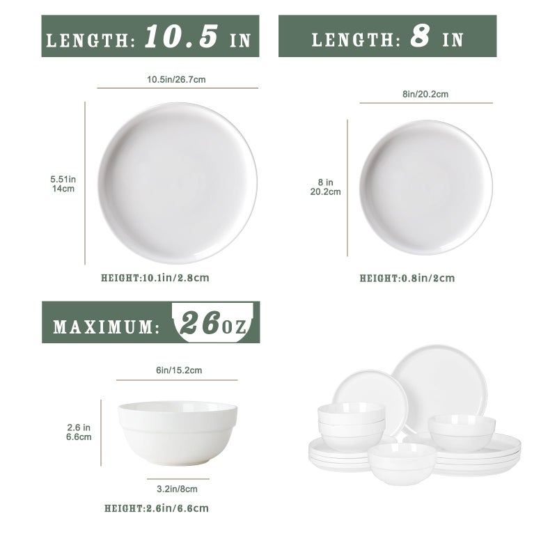 HAPPY KIT 12 Pieces Porcelain Dinnerware Set, Serving Plates and Bowls Set for 4, Chip and Scratch Resistant White Kitchen Dishware Sets, Thick-edge Non-slip Design - Image 4
