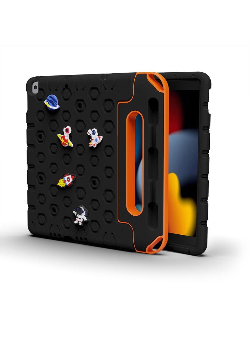 Moxedo Rugged Protective EVA Silicone Kids Case Cover, Shockproof DIY 3D Cartoon Pattern with Pencil Holder, Stand and Handle Grip Compatible for Apple iPad 2021 (9th Gen) 10.2 inch (Black/Orange) - Image 1