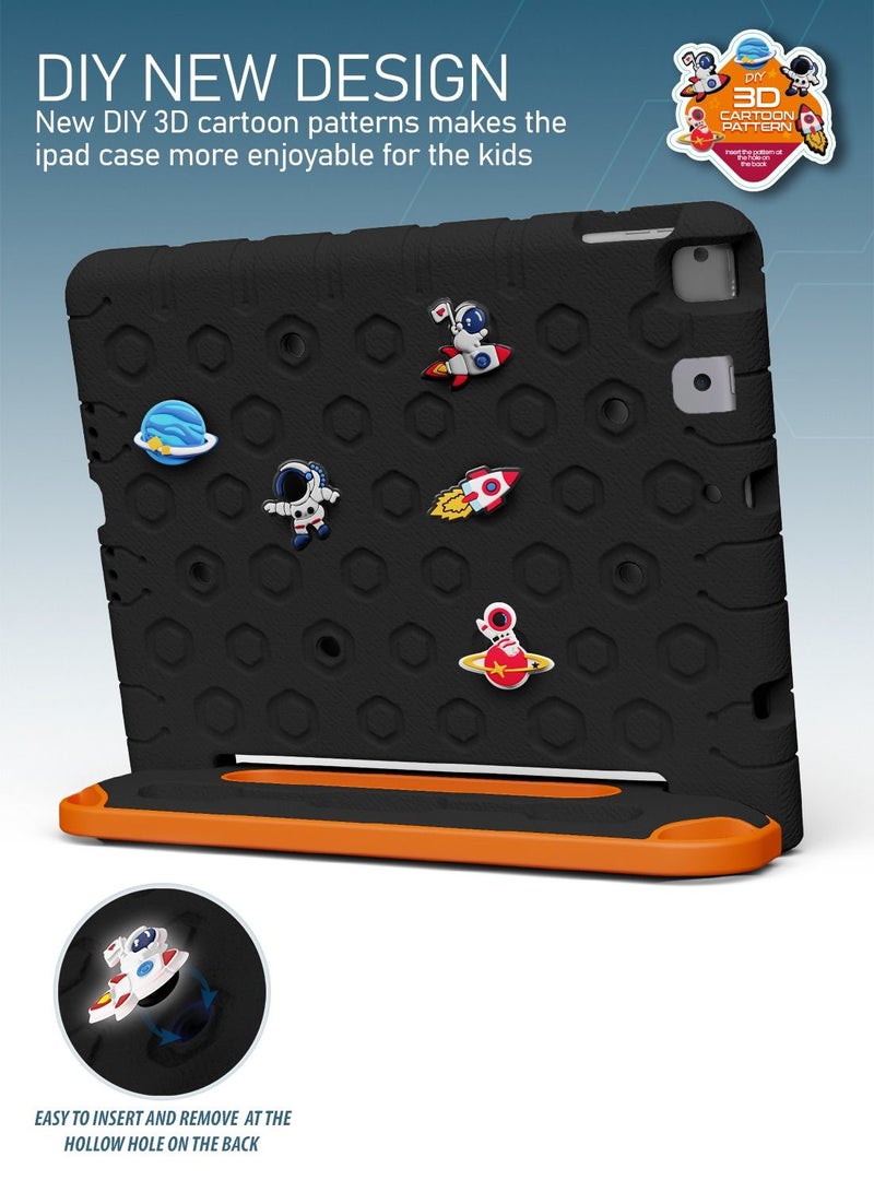 Moxedo Rugged Protective EVA Silicone Kids Case Cover, Shockproof DIY 3D Cartoon Pattern with Pencil Holder, Stand and Handle Grip Compatible for Apple iPad 2021 (9th Gen) 10.2 inch (Black/Orange) - Image 3