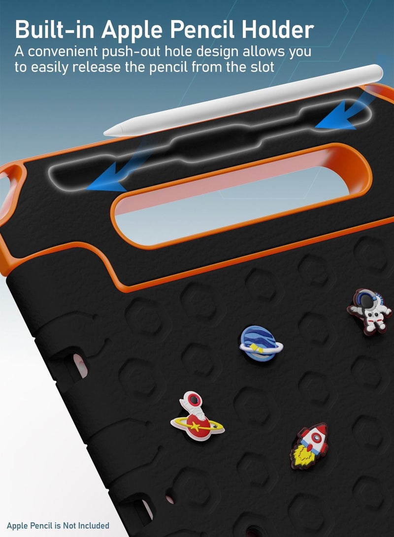 Moxedo Rugged Protective EVA Silicone Kids Case Cover, Shockproof DIY 3D Cartoon Pattern with Pencil Holder, Stand and Handle Grip Compatible for Apple iPad 2021 (9th Gen) 10.2 inch (Black/Orange) - Image 2
