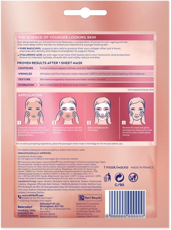 NIVEA Cellular Expert Lift Pure Bakuchiol Sculpting Face Sheet Mask 1pc WrinkleReducing Face Mask Firms and Improves Texture Cleansing Face Mask with Hyaluronic Acid - Image 2