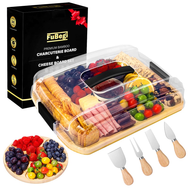 FuBegi Portable Charcuterie Board with Lid for Travel, Bamboo Charcuterie Board with Cover & 7 Compartments, Double Sided Cheese Board Serving Tray Charcuterie Platter Fruit Tray Gift Set for Party Picnic - Image 1