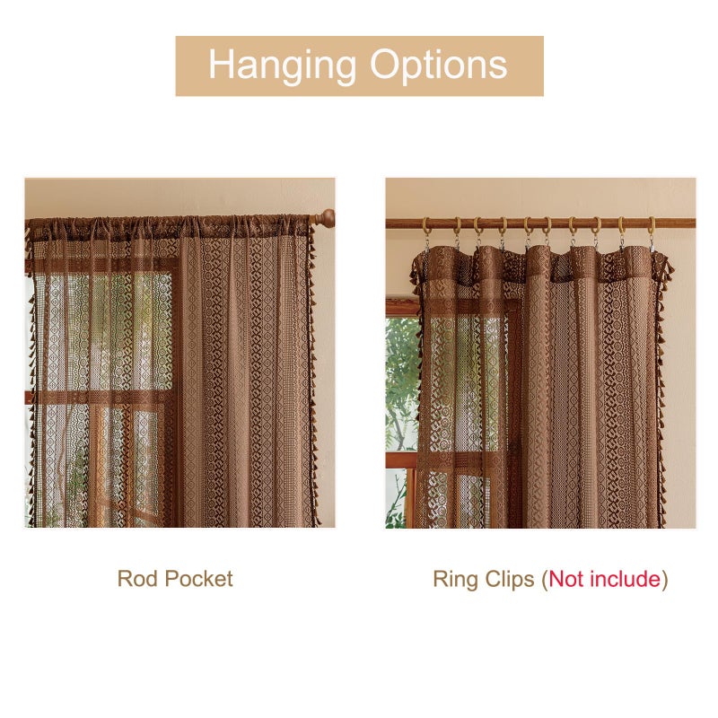 Sutuo Home Boho Lace Sheer Curtains 84 inches long, Bohemian Farmhouse Crochet Privacy Retro Caramel Vintage Tassels Window Curtains for Bedroom&Living Room Decor Rod Pocket,2 Panels 50"W,Dark Coffee - Image 4