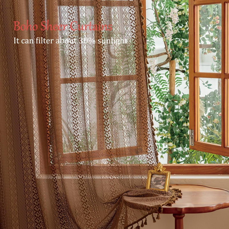 Sutuo Home Boho Lace Sheer Curtains 84 inches long, Bohemian Farmhouse Crochet Privacy Retro Caramel Vintage Tassels Window Curtains for Bedroom&Living Room Decor Rod Pocket,2 Panels 50"W,Dark Coffee - Image 3