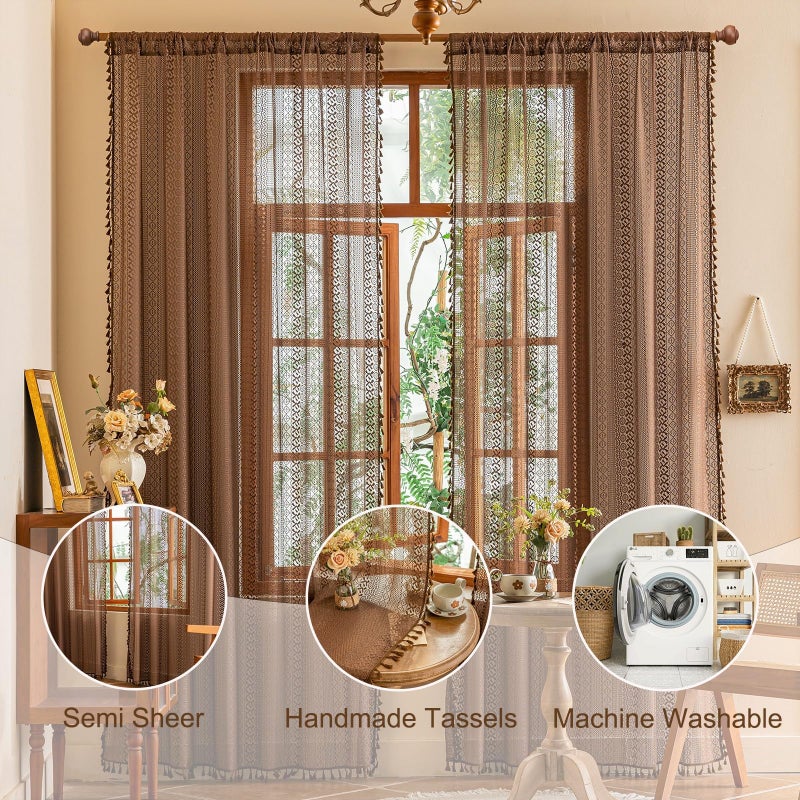 Sutuo Home Boho Lace Sheer Curtains 84 inches long, Bohemian Farmhouse Crochet Privacy Retro Caramel Vintage Tassels Window Curtains for Bedroom&Living Room Decor Rod Pocket,2 Panels 50"W,Dark Coffee - Image 2