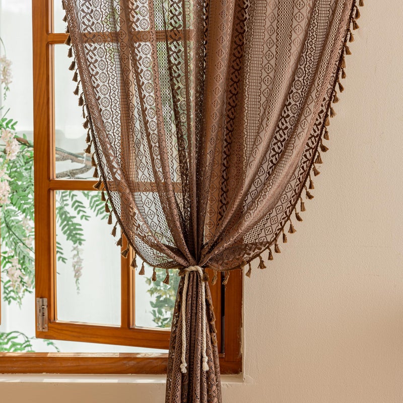 Sutuo Home Boho Lace Sheer Curtains 84 inches long, Bohemian Farmhouse Crochet Privacy Retro Caramel Vintage Tassels Window Curtains for Bedroom&Living Room Decor Rod Pocket,2 Panels 50"W,Dark Coffee - Image 5