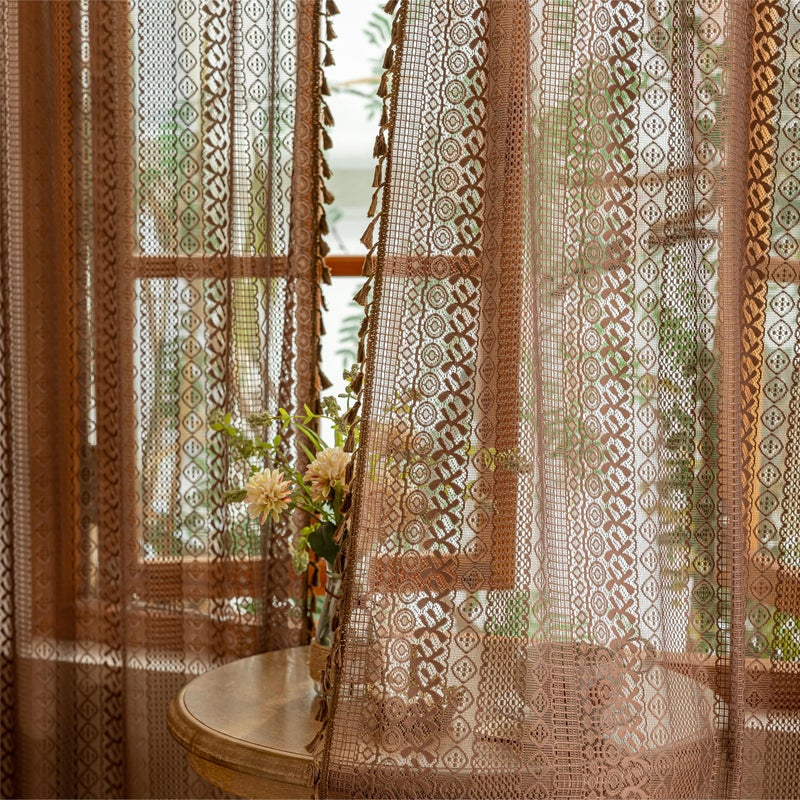 Sutuo Home Boho Lace Sheer Curtains 84 inches long, Bohemian Farmhouse Crochet Privacy Retro Caramel Vintage Tassels Window Curtains for Bedroom&Living Room Decor Rod Pocket,2 Panels 50"W,Dark Coffee - Image 1