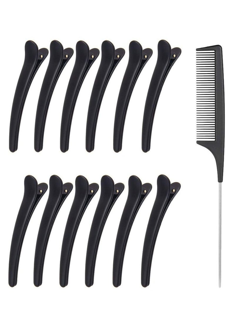 KHAJUL 12PCS Hair Sectioning Clips with 1PCS Professional Anti-Static Metal Tail Hair Comb, Makeup Hairdresser Clipsfor Styling of Women Girls, Hairdressing Salon Tool Set (Black)  - Image 1