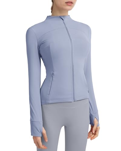 Locachy Women's Slim Fit Full Zip Athletic Running Sports Workout Jacket with Thumb Holes 01 Blue M - Image 1