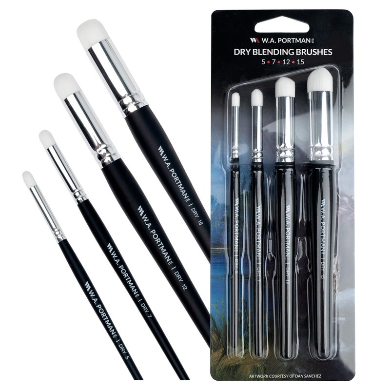 W.A. Portman WA Portman Blending Brush Set â€“ 4 Soft Synthetic Acrylic Blending Brushes for Dry Brush Miniature Painting â€“ Durable & Ideal for Smooth Transitions in Pastels, Charcoal, Watercolor, Ink & Acrylics - Image 1