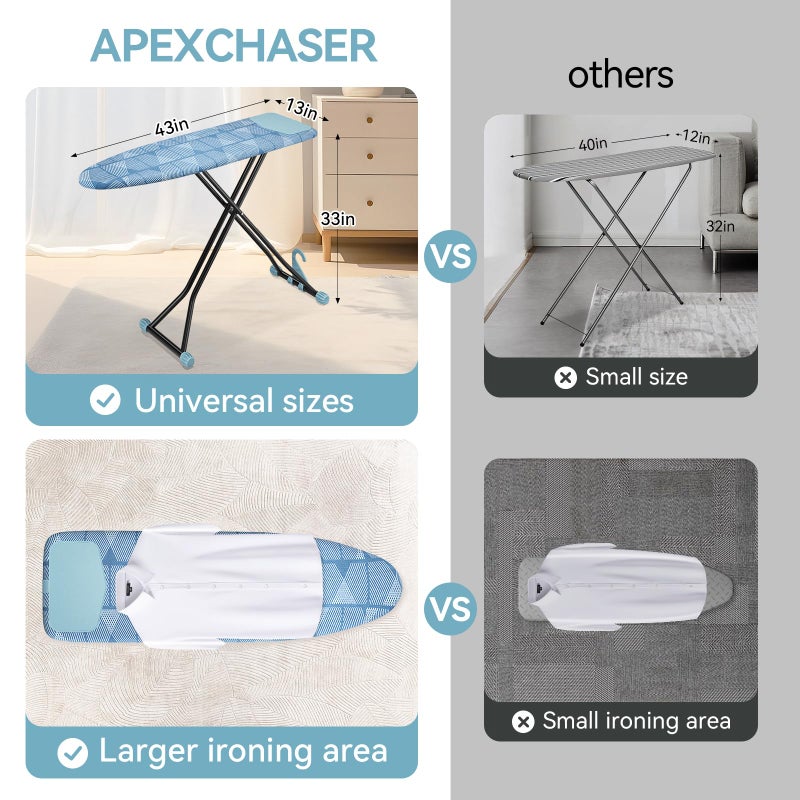 APEXCHASER طاولة كي APEXCHASER مع حامل المكواة، طاولة كي مدمجة وموفرة للمساحة، غطاء سميك إضافي، قابلة لتعديل الارتفاع، قابلة للتعليق على الحائط والخزانة 13x43 أزرق - Image 2
