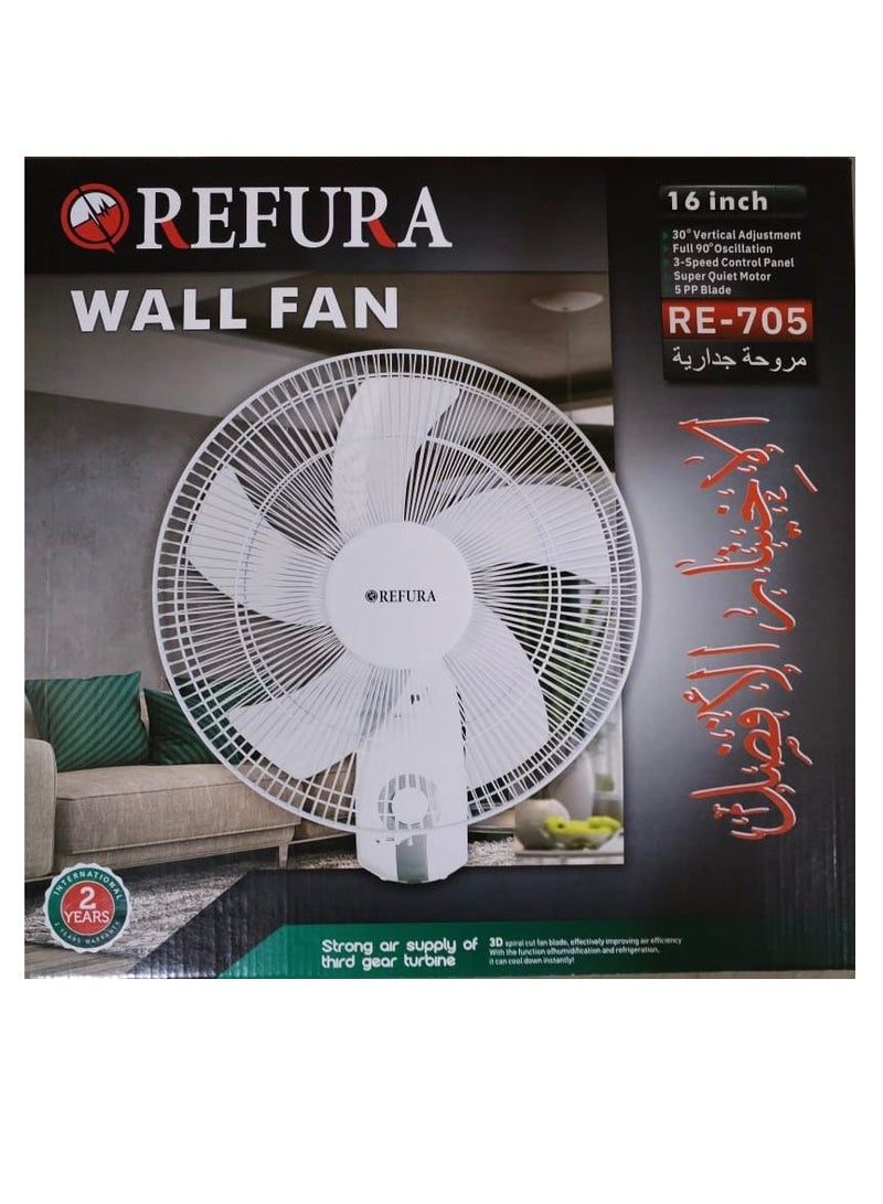 REFURA 16 inch 3 Speed Wall Mount Fan White 70W RE-705