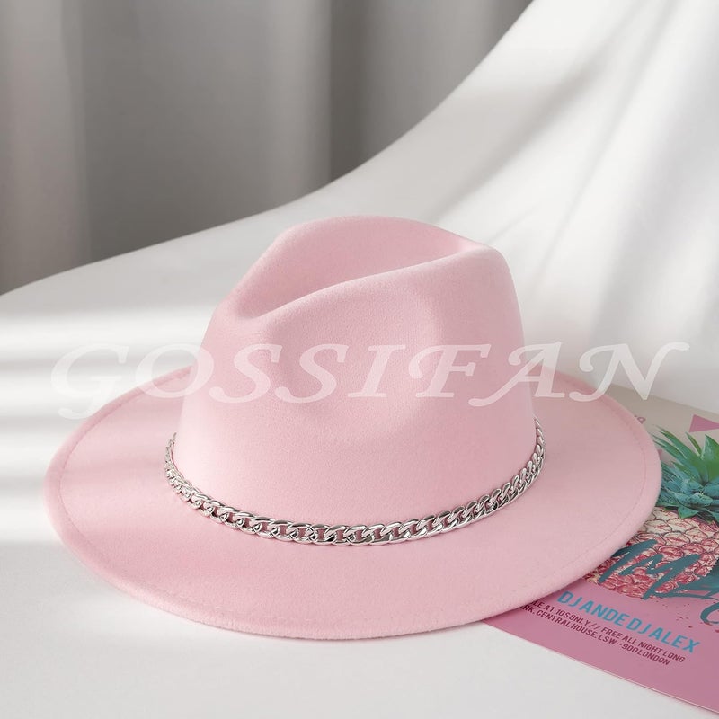 Gossifan Women Men Wide Brim Fedoran Hat with Chain Belt Buckle - Image 4