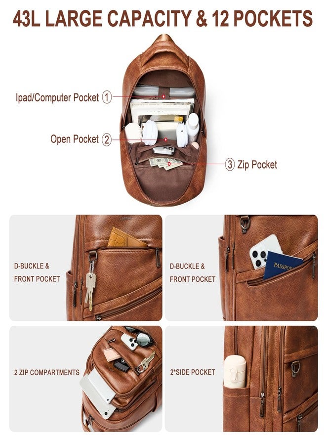 LATMAP 43L Backpack for Women:Vegan Leather Backpack fits 17" Laptop Fashion Computer Trave Bag for Work Casual, Brown, Medium, Classic - Image 4