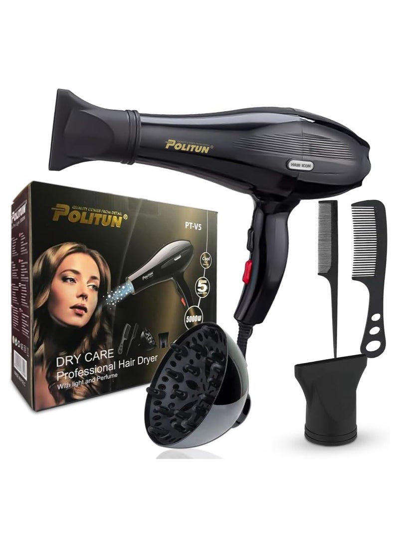 POLITUN - Hair Dryer Professional - 5000 Watts, Fast Drying, Salon Smooth, Powerful Motor, 3 Temperature Settings, 2 Speeds, Detachable Air Concentrator, with 3 attachment, PT-V5 - Image 1