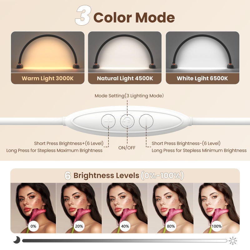 Yokilly Arc Half Moon Light: 16" Half Moon Light with Foldable Bracket for Desk Salon Table Use - No Flicker & Shadow-Free Desk Lamp with Stepless Brightness 3000-6500K for Manicurist Nail Tech - Image 3