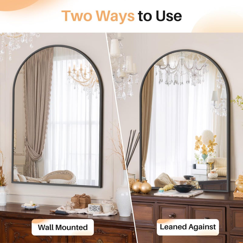 Atilioo Bathroom Mirror for Wall, 38x26 Inch Arched Mirror, Matte Black Metal Framed Bathroom Vanity Mirror for Restroom Farmhouse, Anti-Rust, Tempered Glass, Hanging or Leaning - Image 3