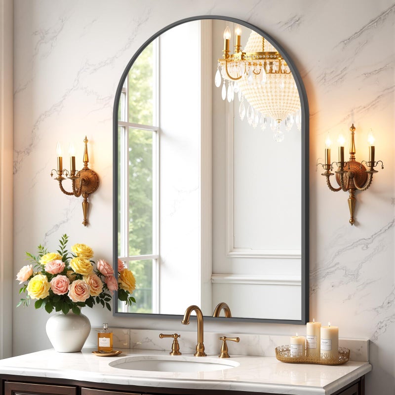 Atilioo Bathroom Mirror for Wall, 38x26 Inch Arched Mirror, Matte Black Metal Framed Bathroom Vanity Mirror for Restroom Farmhouse, Anti-Rust, Tempered Glass, Hanging or Leaning - Image 1