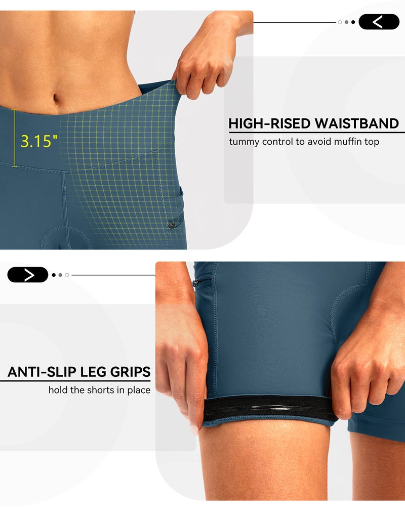 Bikewa Women's 4D Padded Bike Shorts Padding Riding Underwear Cycling Bicycle Road Mountain Biking Cycle Shorts for Women with Zipper Pockets(Blue Grey,XS) - Image 3