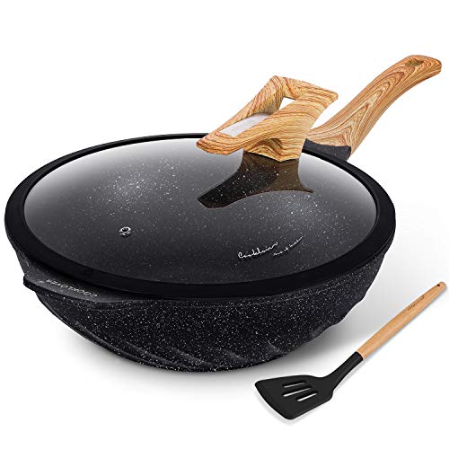 COOKLOVER Nonstick Woks And Stir Fry Pans Die-cast Aluminum Scratch Resistant 100% PFOA Free Induction Wok pan with Lid 12.6 Inch - Black - Image 1