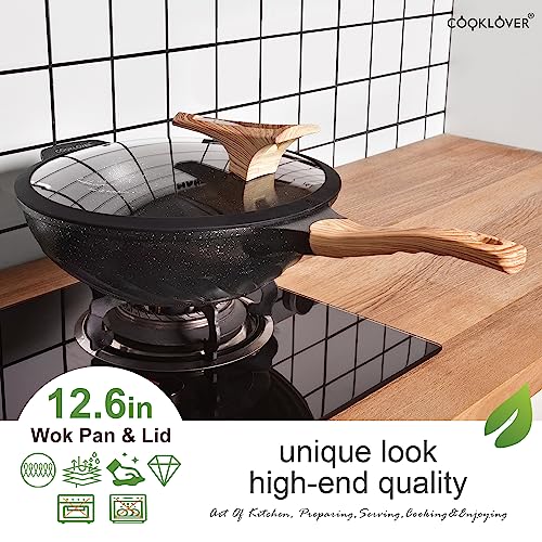 COOKLOVER Nonstick Woks And Stir Fry Pans Die-cast Aluminum Scratch Resistant 100% PFOA Free Induction Wok pan with Lid 12.6 Inch - Black - Image 5