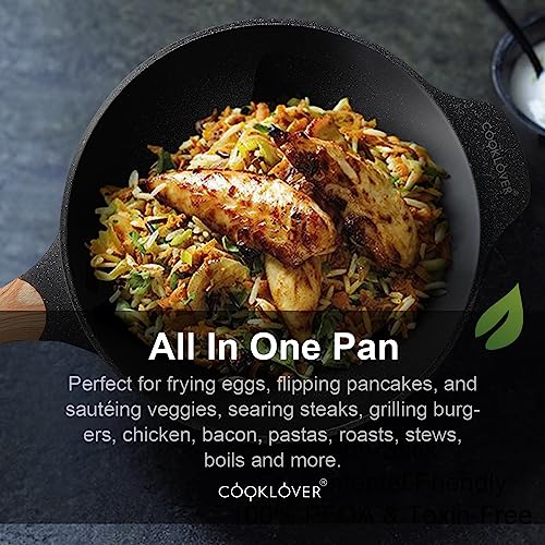 COOKLOVER Nonstick Woks And Stir Fry Pans Die-cast Aluminum Scratch Resistant 100% PFOA Free Induction Wok pan with Lid 12.6 Inch - Black - Image 2