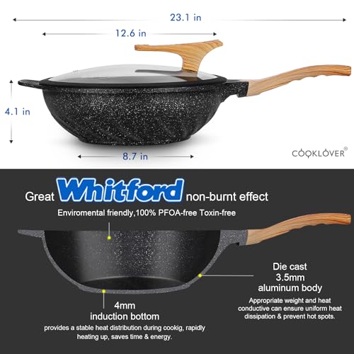 COOKLOVER Nonstick Woks And Stir Fry Pans Die-cast Aluminum Scratch Resistant 100% PFOA Free Induction Wok pan with Lid 12.6 Inch - Black - Image 3