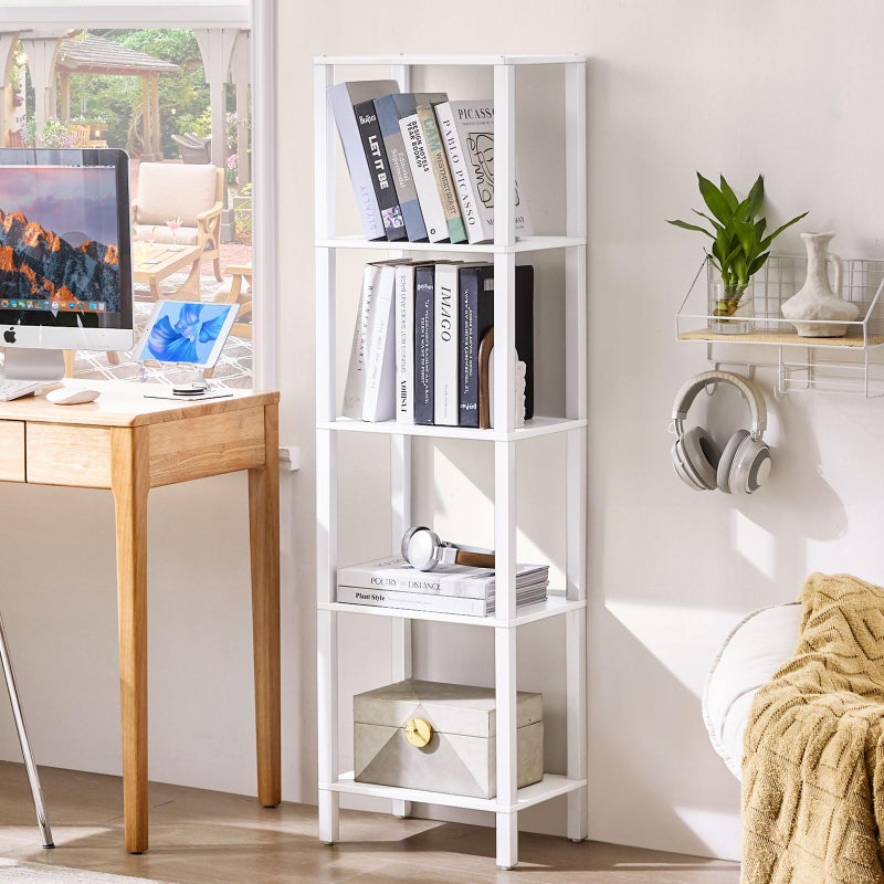 YUFAM 54in Tall Bookshelf 5-Tier Small Narrow Bookcase, Skinny Book Shelf for Small Space, Farmhouse Slim Shelf with Storage, Wood Freestanding Display Thin Bookshelves for Living Room, Office, White - Image 1