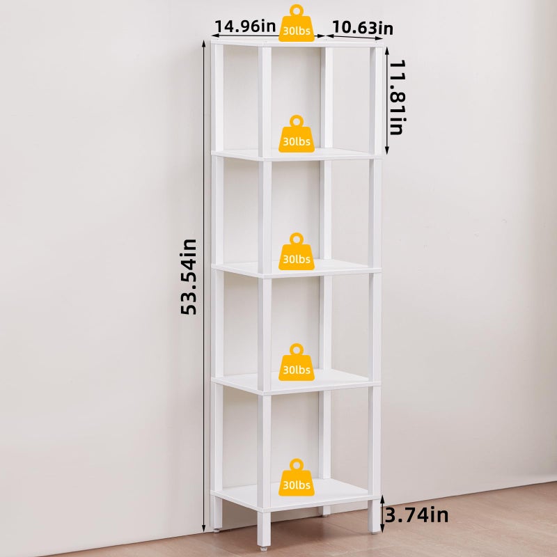 YUFAM 54in Tall Bookshelf 5-Tier Small Narrow Bookcase, Skinny Book Shelf for Small Space, Farmhouse Slim Shelf with Storage, Wood Freestanding Display Thin Bookshelves for Living Room, Office, White - Image 2